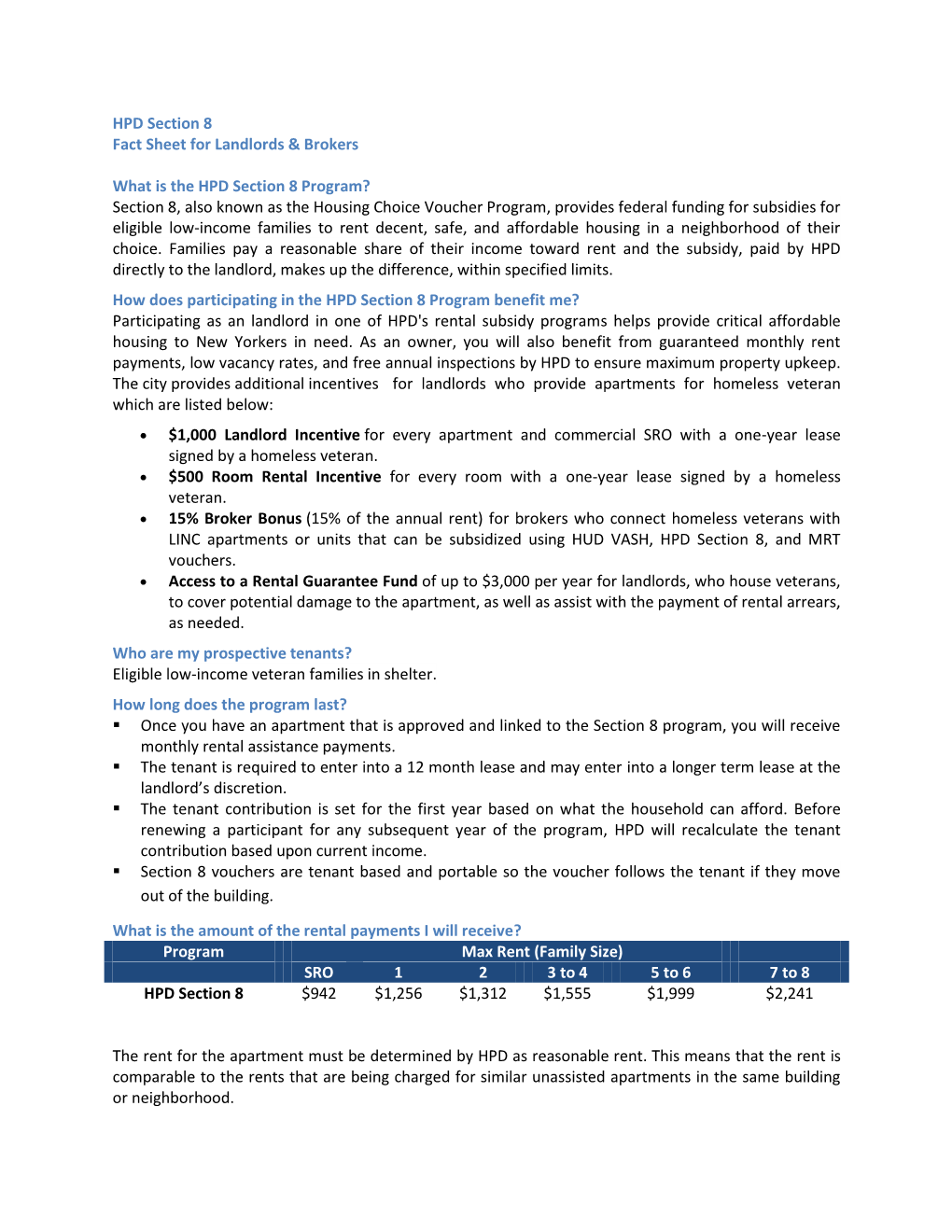 HPD Section 8 Fact Sheet for Landlords & Brokers