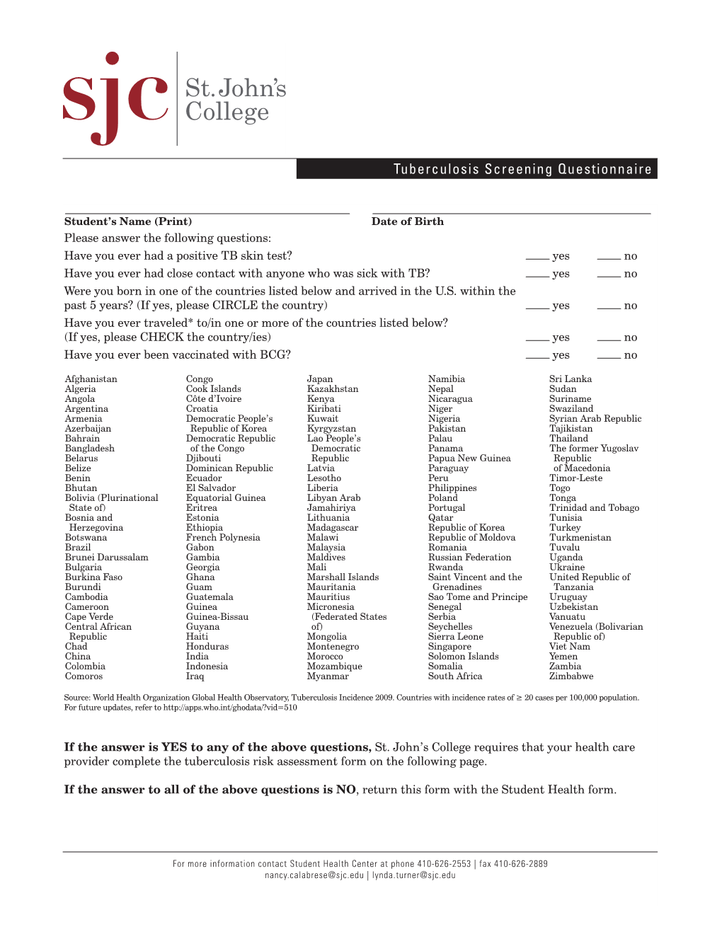 Annapolis Health Center Tuberculosis Screening Questionnaire