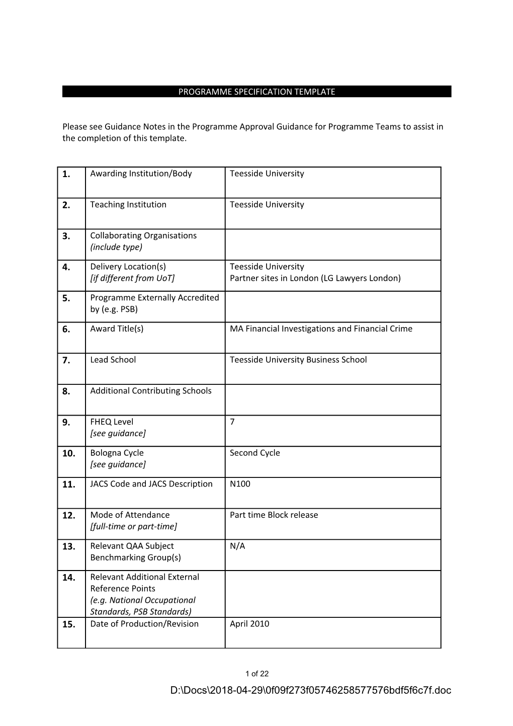 Programme Specification Template s1