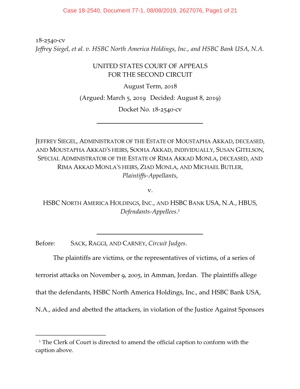 18-2540-Cv Jeffrey Siegel, Et Al. V. HSBC North America Holdings, Inc