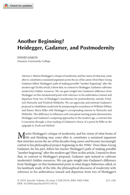 Another Beginning? Heidegger, Gadamer, and Postmodernity