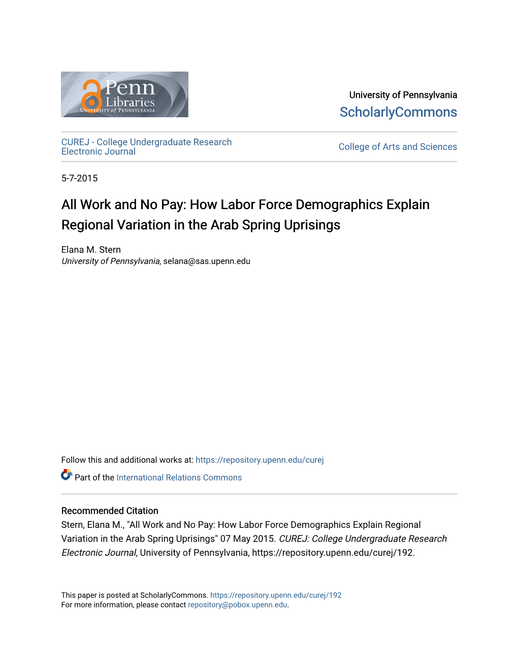 All Work and No Pay: How Labor Force Demographics Explain Regional Variation in the Arab Spring Uprisings