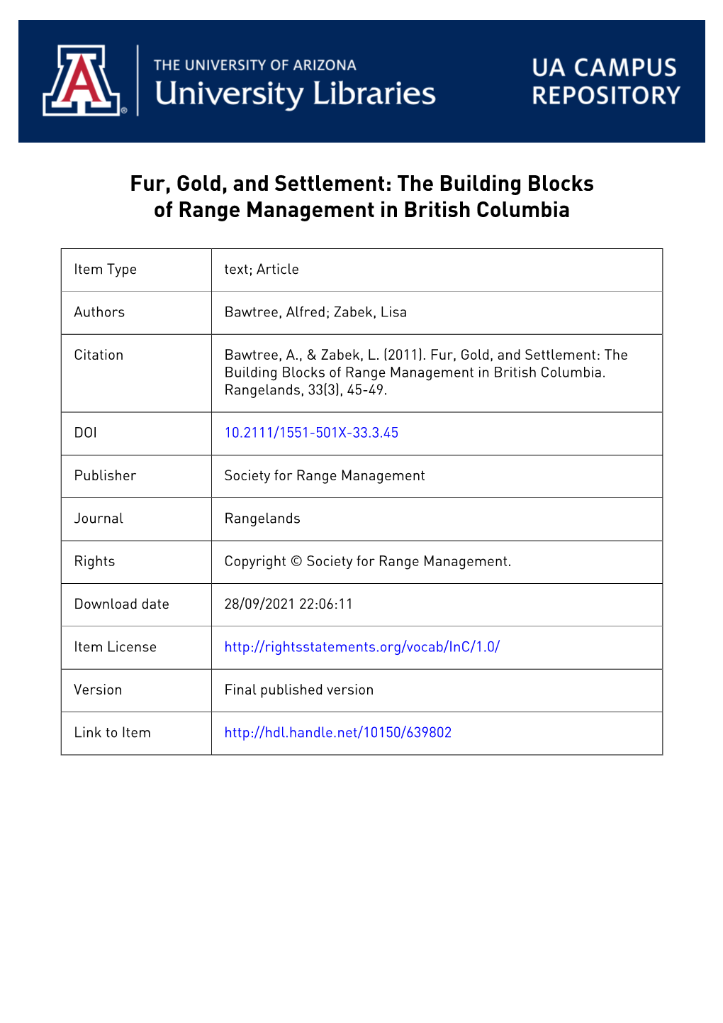 Fur, Gold, and Settlement: the Building Blocks of Range Management in British Columbia