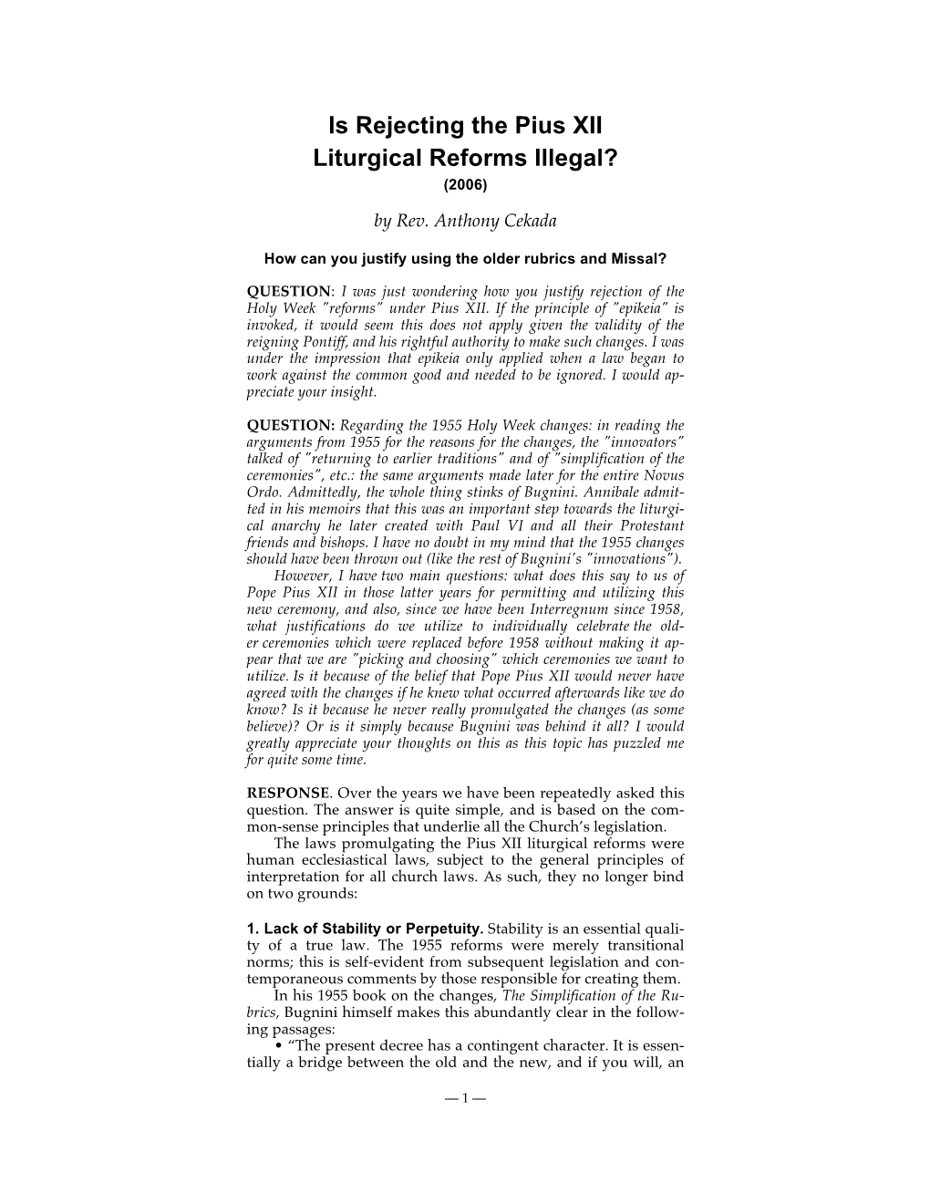 Is Rejecting the Pius XII Liturgical Reforms Illegal? (2006)