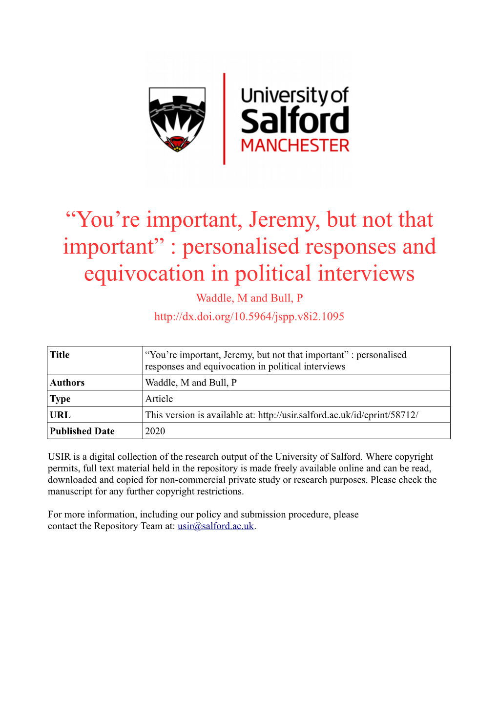 Personalised Responses and Equivocation in Political Interviews Waddle, M and Bull, P