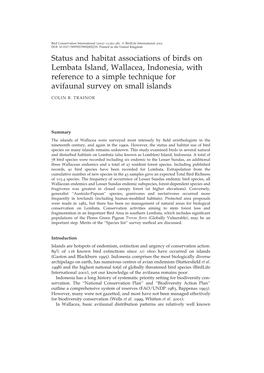 Status and Habitat Associations of Birds on Lembata Island, Wallacea, Indonesia, with Reference to a Simple Technique for Avifaunal Survey on Small Islands
