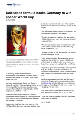 Scientist's Formula Backs Germany to Win Soccer World Cup 21 April 2010