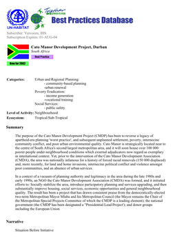 Best Practices Database: Cato Manor Development Project, Durban Page 1 of 6