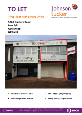 TO LET First Floor High Street Office 572A Durham Road Low Fell