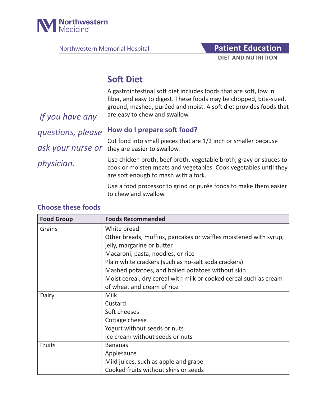 Soft Diet a Gastrointestinal Soft Diet Includes Foods That Are Soft, Low in Fiber, and Easy to Digest