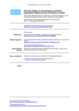 Population Based Survey of Women in India Chronic Fatigue In