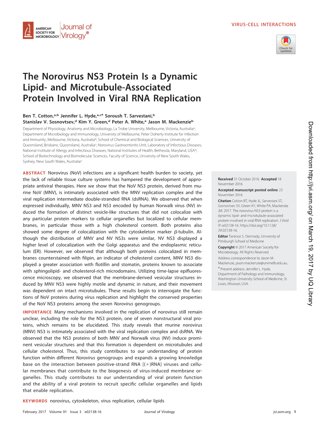 The Norovirus NS3 Protein Is a Dynamic Lipid- and Microtubule-Associated Protein Involved in Viral RNA Replication