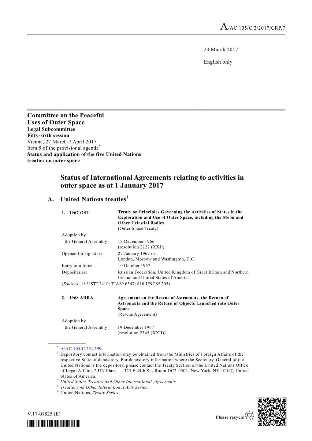 Status of International Agreements Relating to Activities in Outer Space As at 1 January 2017