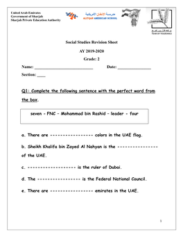Social Studies Revision Sheet AY 2019-2020 Grade: 2 Name