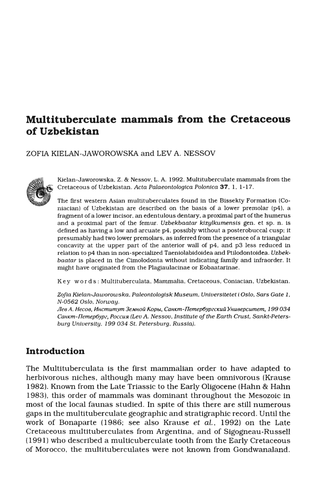 Multituberculate Mammals from the Cretaceous of Uzbekistan