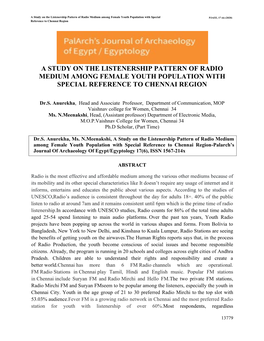 A Study on the Listenership Pattern of Radio Medium Among Female Youth Population with Special PJAEE, 17 (6) (2020) Reference to Chennai Region