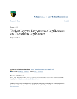 The Lost Lawyers: Early American Legal Literates and Transatlantic Legal Culture Mary Sarah Bilder