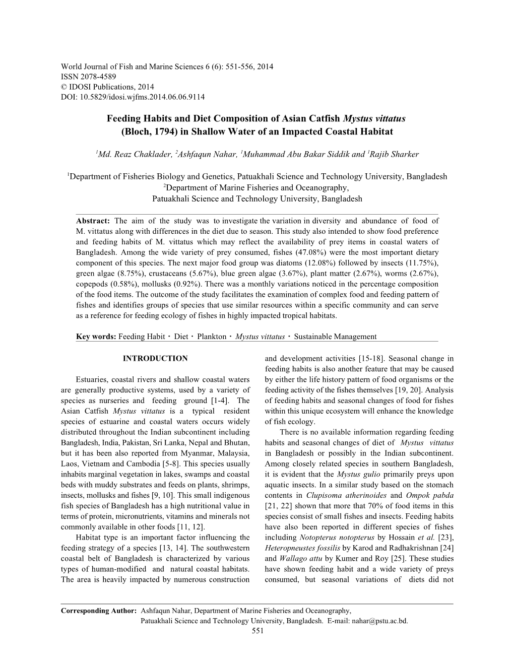 Feeding Habits and Diet Composition of Asian Catfish Mystus Vittatus (Bloch, 1794) in Shallow Water of an Impacted Coastal Habitat