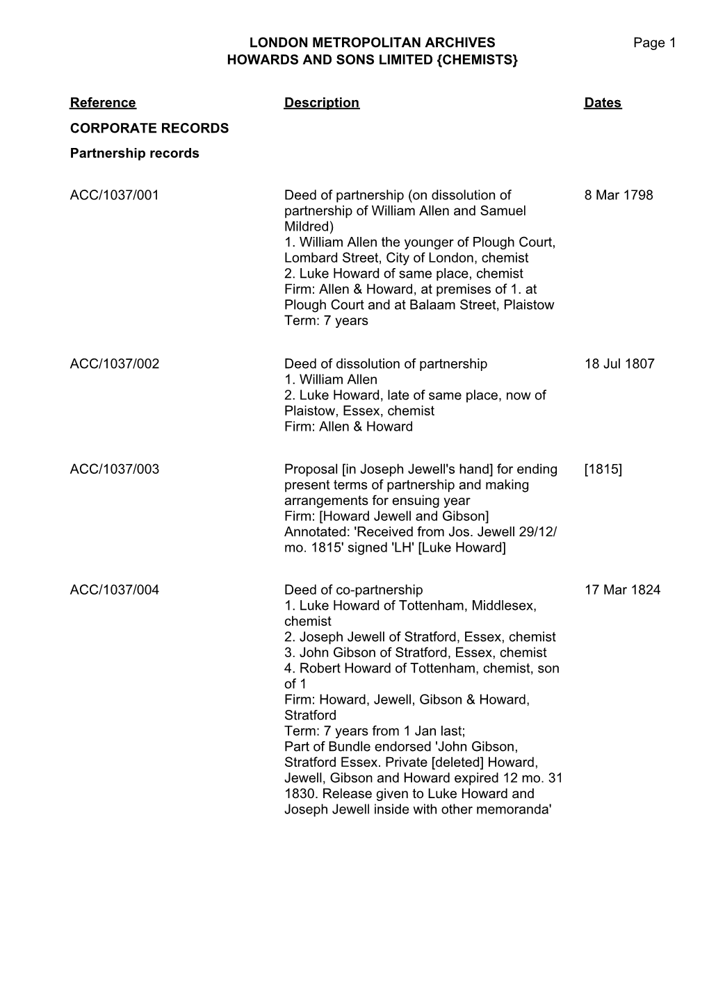 LONDON METROPOLITAN ARCHIVES HOWARDS and SONS LIMITED {CHEMISTS} ACC/1037 Page 1 Reference Description Dates CORPORATE RECORDS P