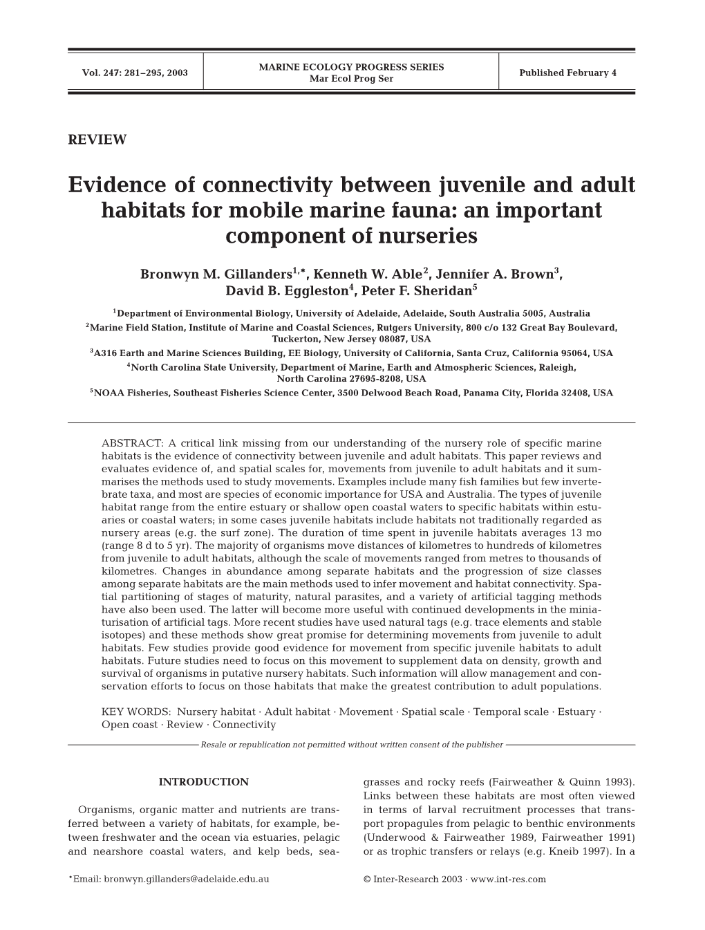 Evidence of Connectivity Between Juvenile and Adult Habitats for Mobile Marine Fauna: an Important Component of Nurseries