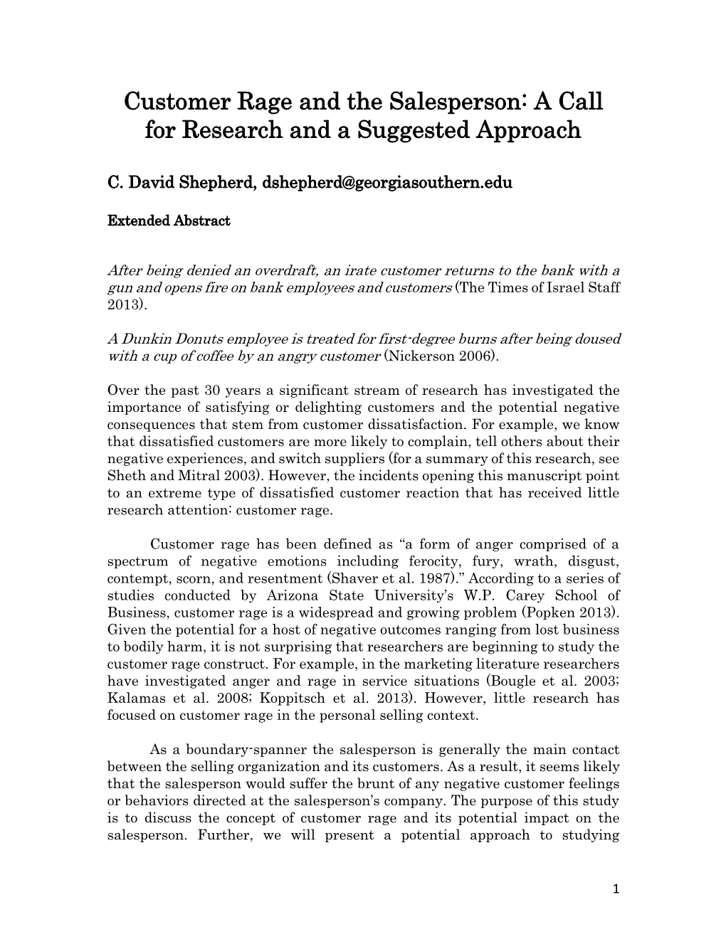 Customer Rage and the Salesperson: a Call for Research and a Suggested Approach