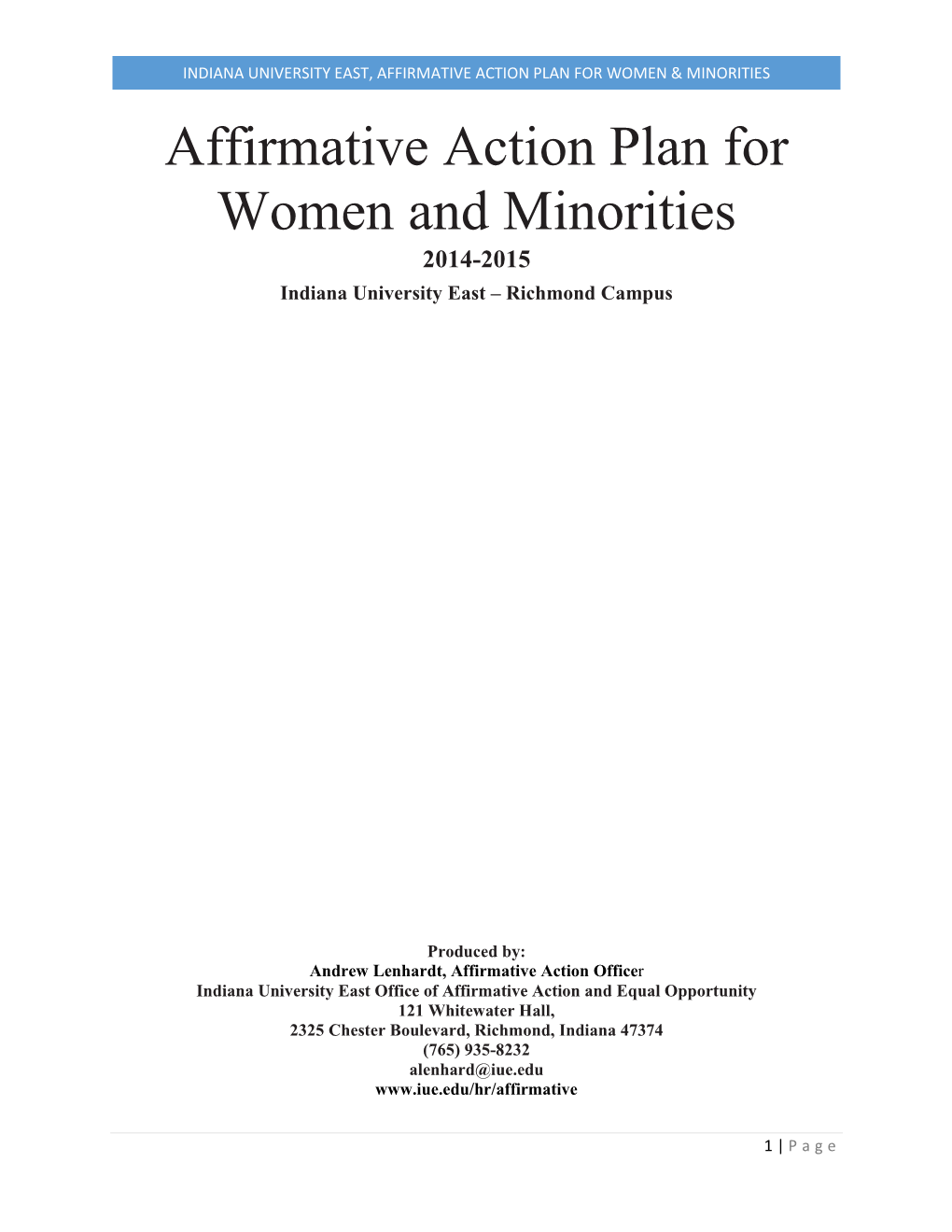 Indiana University East, Affirmative Action Plan for Women & Minorities