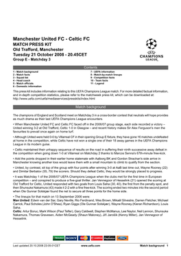 Manchester United FC - Celtic FC MATCH PRESS KIT Old Trafford, Manchester Tuesday 21 October 2008 - 20.45CET Group E - Matchday 3