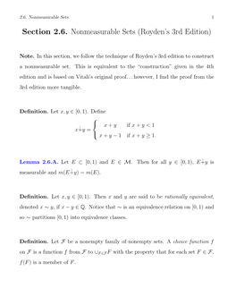 Section 2.6. Nonmeasurable Sets (Royden's 3Rd Edition)