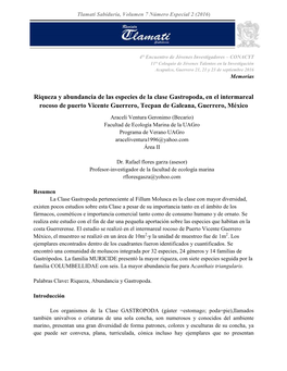 Riqueza Y Abundancia De Las Especies De La Clase Gastropoda, En El Intermareal Rocoso De Puerto Vicente Guerrero, Tecpan De Galeana, Guerrero, México