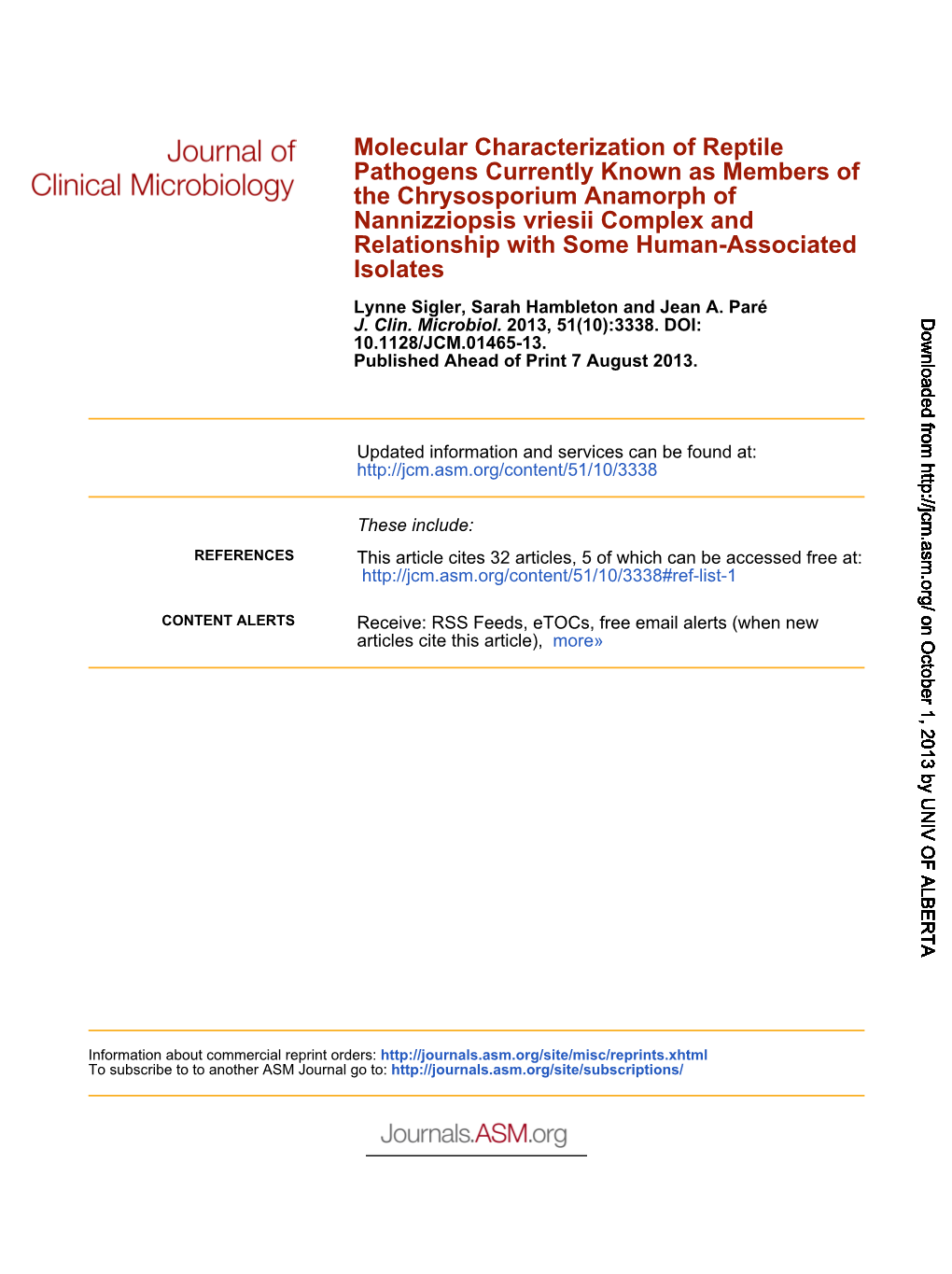 Isolates Relationship with Some Human-Associated Nannizziopsis Vriesii Complex and the Chrysosporium Anamorph of of Pathogens Cu