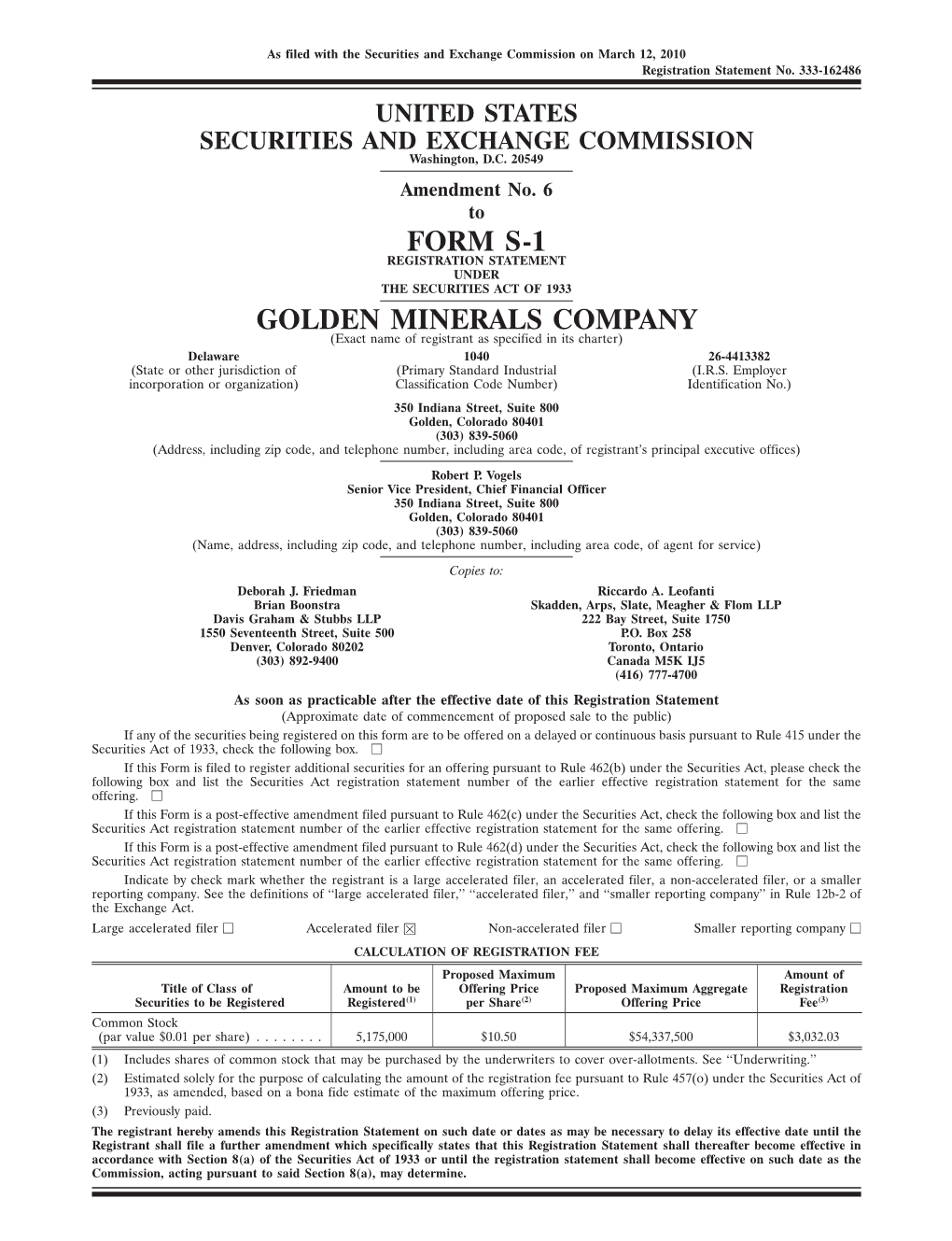 Form S-1 Golden Minerals Company