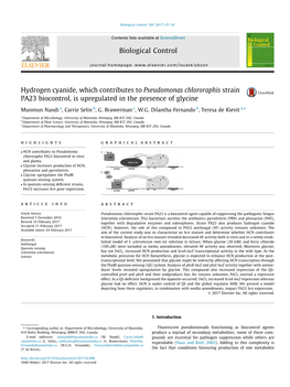 Hydrogen Cyanide, Which Contributes to Pseudomonas Chlororaphis Strain PA23 Biocontrol, Is Upregulated in the Presence of Glycine ⇑ Munmun Nandi A, Carrie Selin B, G