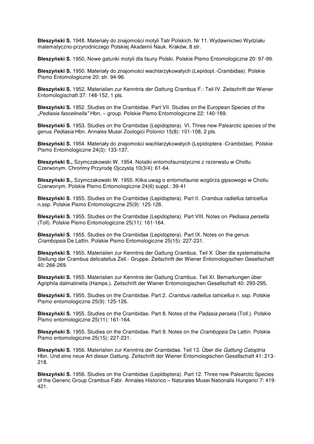 Błeszyński S. 1948. Materiały Do Znajomości Motyli Tatr Polskich. Nr 11. Wydawnictwo Wydziału Matematyczno-Przyrodniczego Polskiej Akademii Nauk
