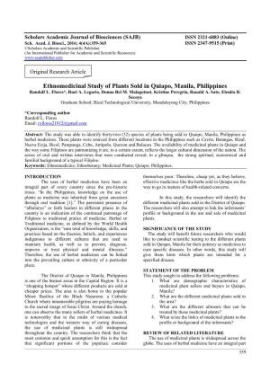 Ethnomedicinal Study of Plants Sold in Quiapo, Manila, Philippines Randolf L