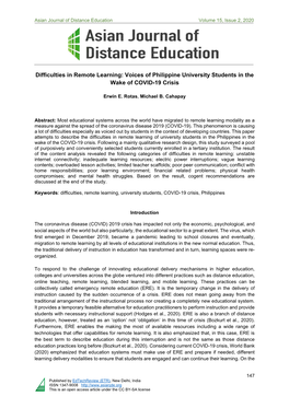 Difficulties in Remote Learning: Voices of Philippine University Students in the Wake of COVID-19 Crisis