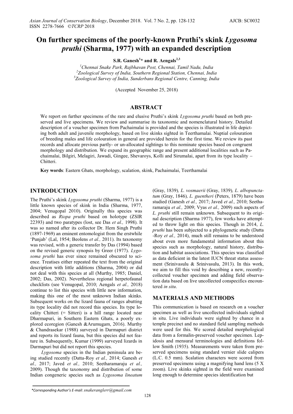 On Further Specimens of the Poorly-Known Pruthi's Skink Lygosoma Pruthi