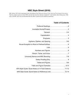 NRC Style Sheet (2018) NRC Follows APA Style As Presented in the Sixth Edition of the Publication Manual of the American Psychological Association