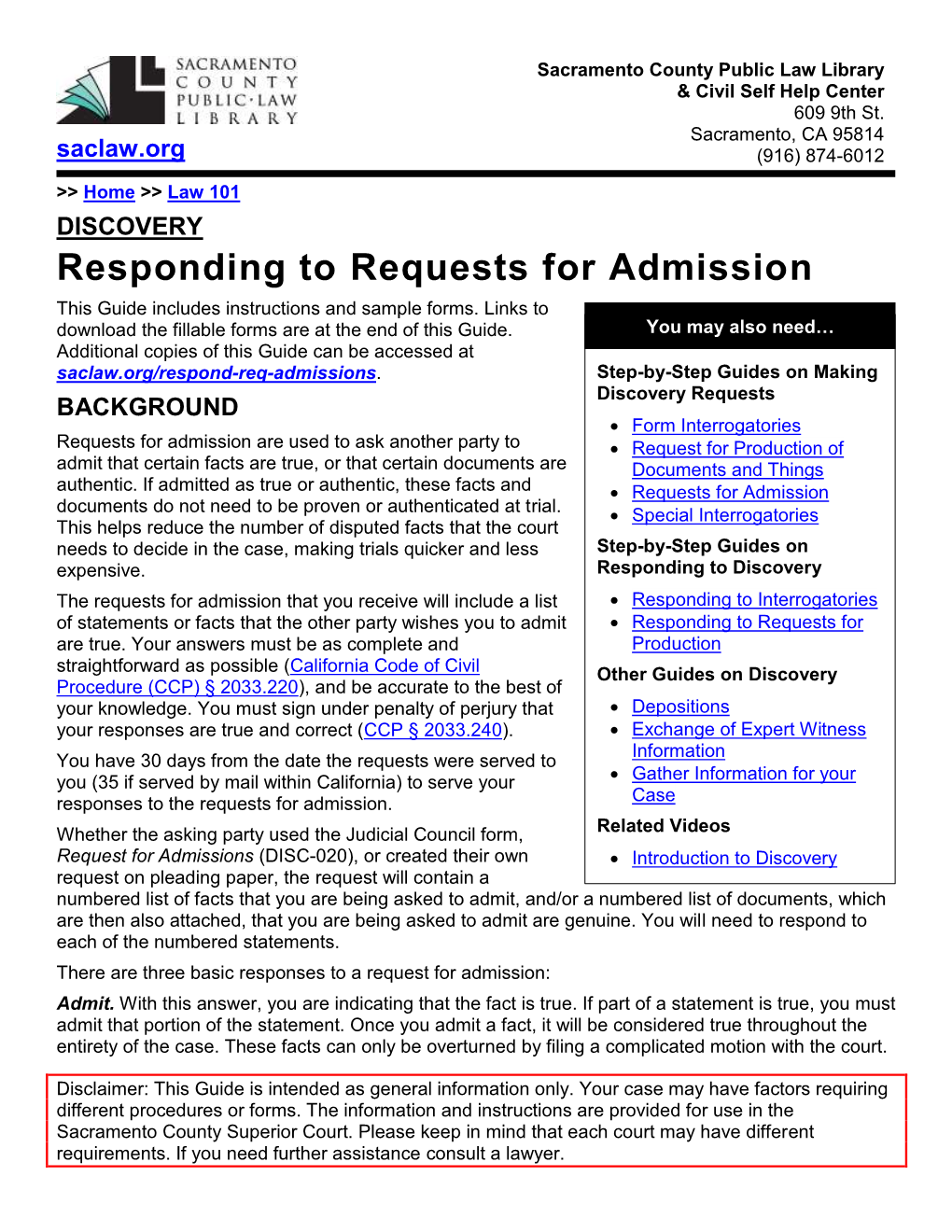 Responding to Requests for Admission This Guide Includes Instructions and Sample Forms