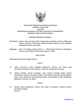 Peraturan Pemerintah Republik Indonesia Nomor 4 Tahun 1947 Tentang Mengadakan Mahkamah Tentara Luar Biasa Di Purwakarta, Sukabumi, Sibolga Dan Kotaraja