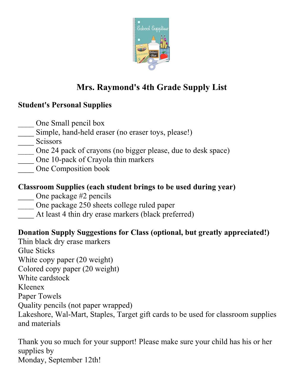 Mrs. Raymond's 4Th Grade Supply List