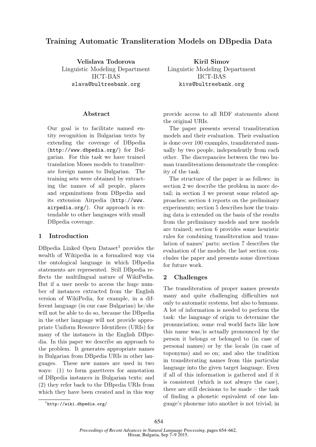 Training Automatic Transliteration Models on Dbpedia Data