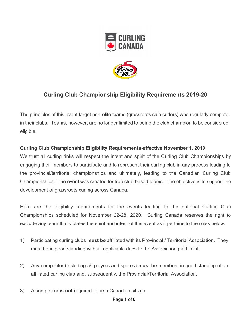 Curling Club Championship Eligibility Requirements 2019-20