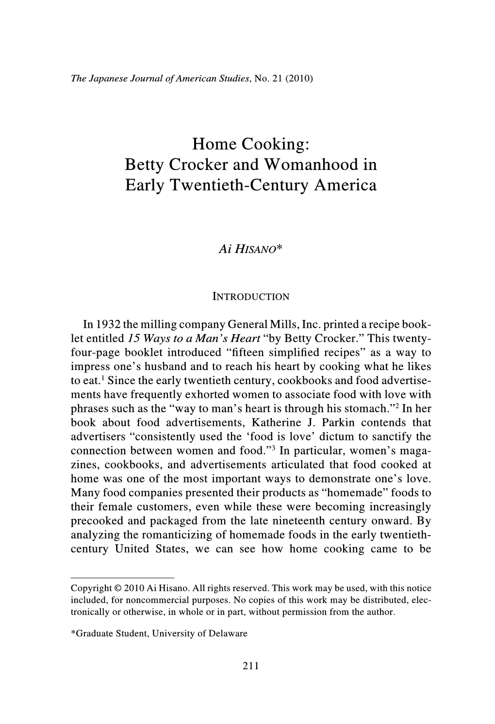 Home Cooking: Betty Crocker and Womanhood in Early Twentieth-Century America