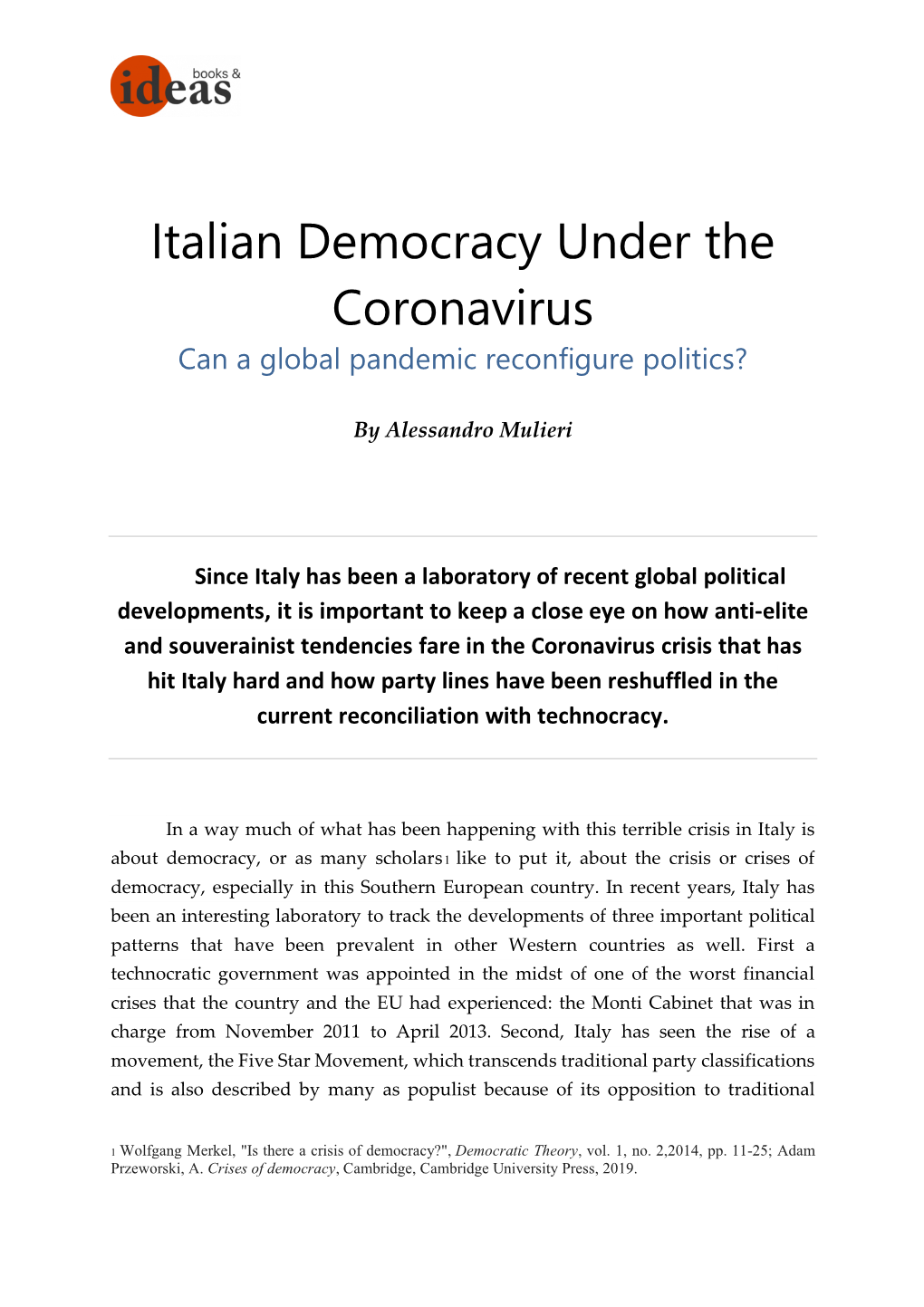 Italian Democracy Under the Coronavirus Can a Global Pandemic Reconfigure Politics?