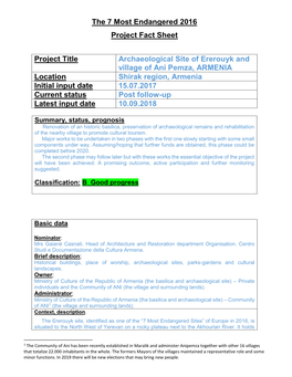 The 7 Most Endangered 2016 Project Fact Sheet Project Title Archaeological Site of Ererouyk and Village of Ani Pemza, ARMENIA Lo