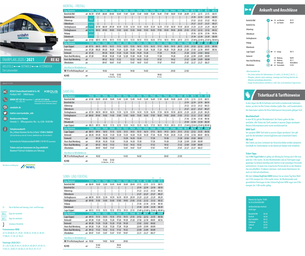 RE 82 FAHRPLAN 2020 / 2021 Ticketkauf & Tarifhinweise Ankunft