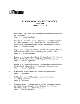 Humber York Community Council Agenda Meeting No. 4