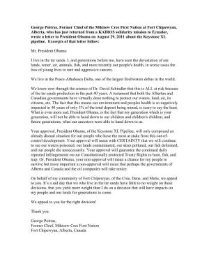 KAIROS Partners George Poitras and Nobel Laureates Desmond Tutu and Adolfo Perez Esquival Letters to President Obama in Opposi