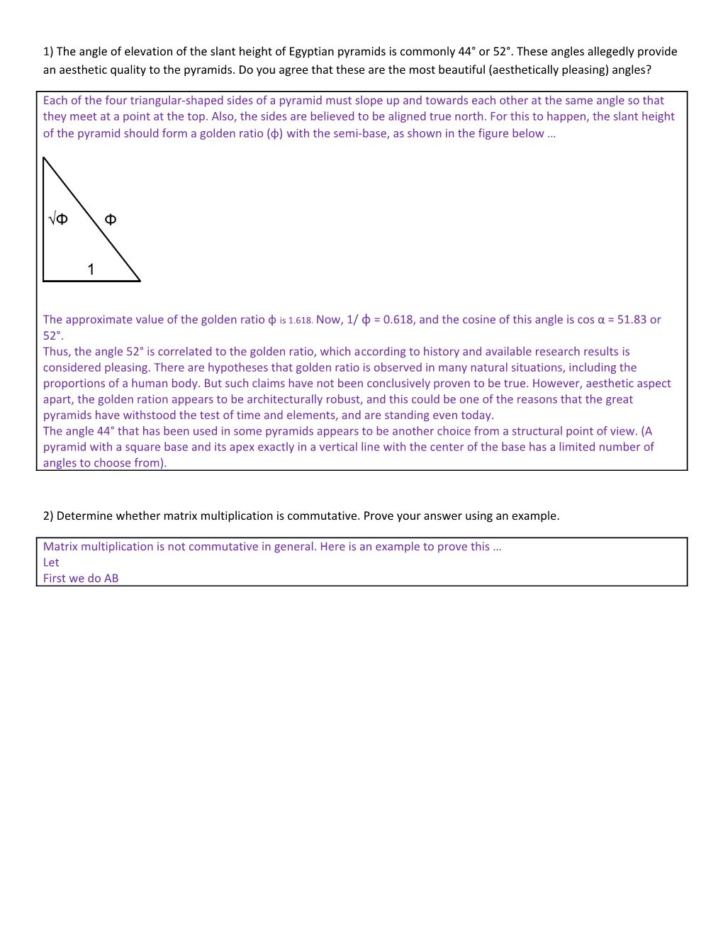 1) the Angle of Elevation of the Slant Height of Egyptian Pyramids Is Commonly 44 Or 52