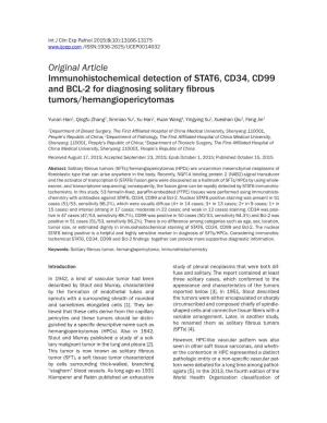 Original Article Immunohistochemical Detection of STAT6, CD34, CD99 and BCL-2 for Diagnosing Solitary Fibrous Tumors/Hemangiopericytomas